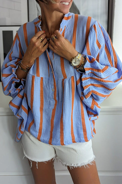 Stripe Crinckled Ruffled Sleeve Button up Loose Shirt
